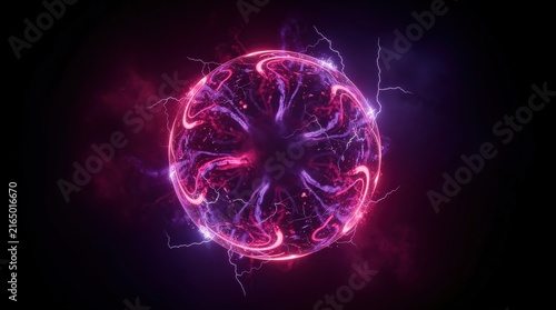 A glowing pink and purple plasma globe with electric arcs radiating from its center on a dark background.