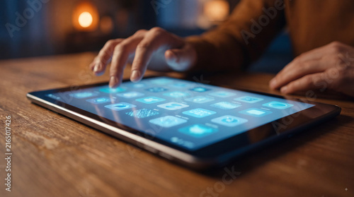Hands using a digital tablet with glowing app icons on a wooden table, warm light showing modern touch screen technology and online connectivity