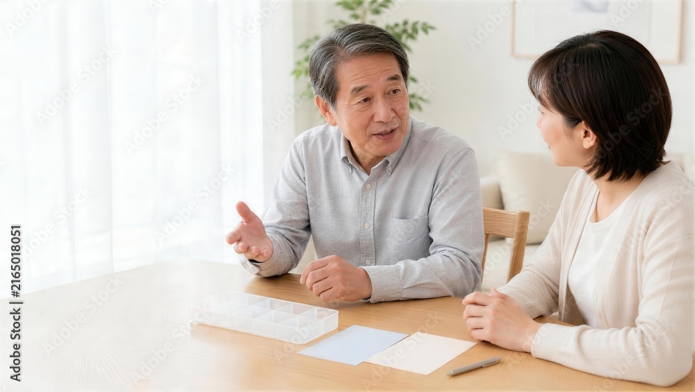 Obraz premium 高齢男性が家族と健康相談の準備をする場面