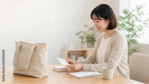トートバッグのそばでカードを確認する日本人女性