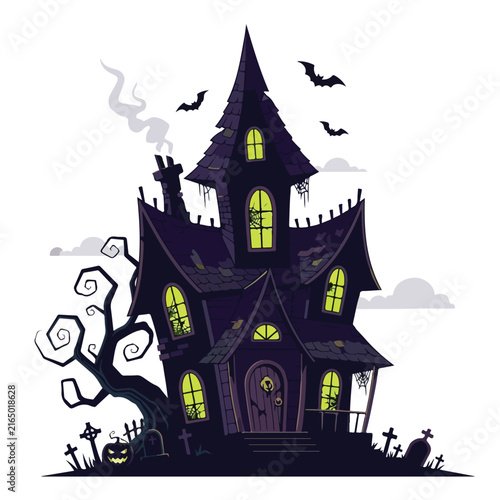 Canvas Print Spooky Haunted House with Bats and Pumpkin for Halloween
