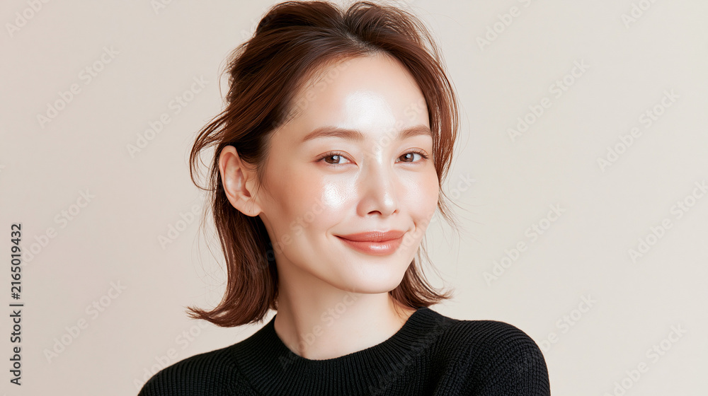 Fototapeta premium 美容, 女性, スキンケア, 化粧品, ビューティー, 若い女性, 美肌, 日本人, アジア人, フェイシャル, メイク, 美容液, 保湿, クリーム, エイジングケア, 美容医療, エステ, 美容クリニック, 肌ケア, ナチュラルメイク, 透明感, ツヤ肌, モデル, 笑顔, ポートレート, クローズアップ, リラックス, 癒し, 健康的, 美白, コラーゲン, ヒアルロン酸, アンチエイジング
