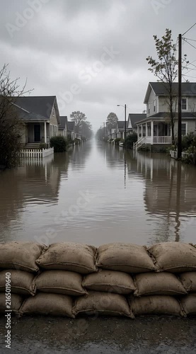Flooded Residential Area with Sandbags and Reflections Under Gloomy Gray Sky