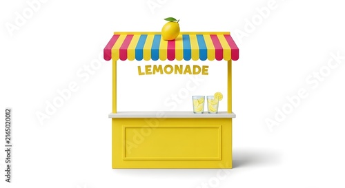 Lemonade stand set with colorful canopy and drinks on white