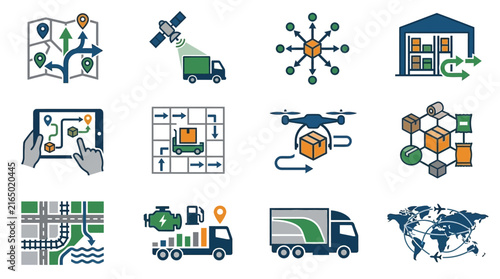 Global supply chain and logistics colored icon set.