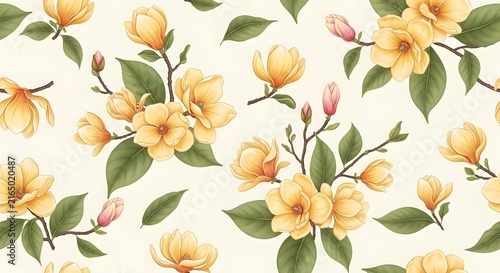 Seamless pattern of yellow magnolia flowers and green leaves on white background
