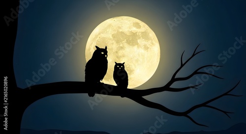 Two owl silhouettes perch on a tree branch at night