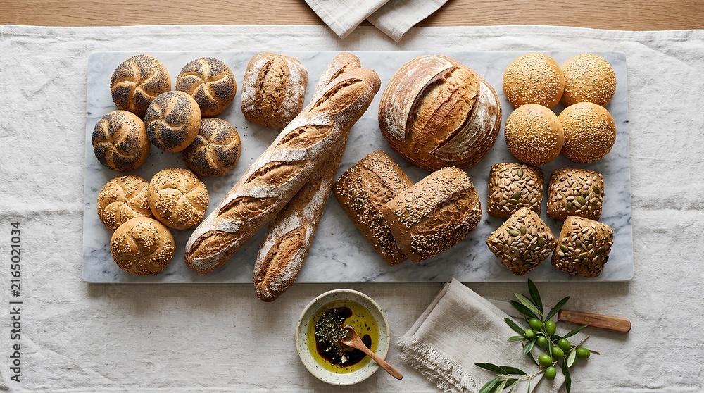 Fototapeta premium Assorted artisan breads on marble with olive oil.