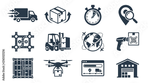 Shipping and warehouse management solid icon set.