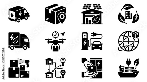 Solid black green logistics icons for sustainable supply chain.