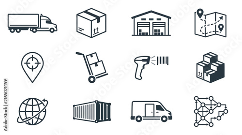 Thin outline logistics and distribution mapping icons.