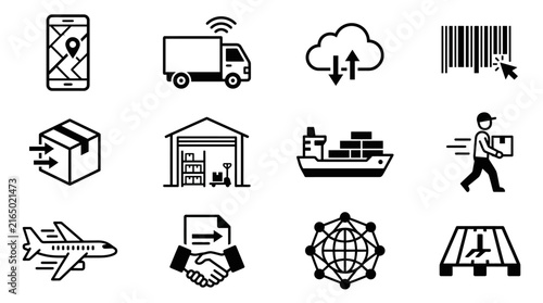 Transportation and global shipping logistics icon collection.