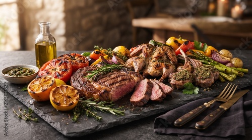 Grilled meat platter with roasted vegetables and citrus on a rustic stone board