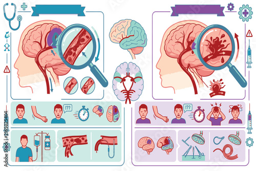 Detailed medical infographic depicting stroke in the human brain, highlighting blocked or ruptured vessels, impaired circulation, damaged tissue, and neurological symptoms.
