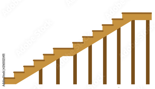 Simple wooden straight staircase with supporting pillars for home interior and architectural graphic design isolated on white background