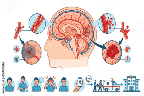 Professional healthcare infographic comparing ischemic and hemorrhagic brain strokes, emphasizing vascular damage, neurological effects, warning signs, and emergency treatment awareness.
