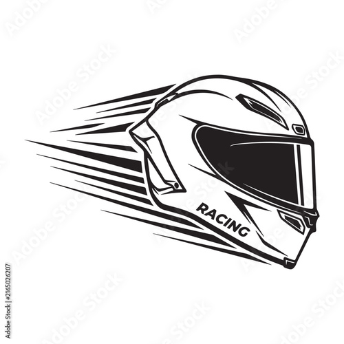 Black and white illustration of a motorcycle racing helmet with speed lines.