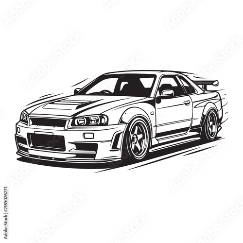 Black and white line art illustration of a legendary Japanese drift sports car.