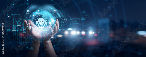 Tapety artystyczne Cloud engineer hands hold global deployment. Platform as a Service network hosts software tools, database storage, developer apps, and cloud scaling. Modern infrastructure simplifies coding.