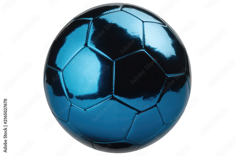 Naklejka premium A shiny metallic blue soccer ball with a glossy reflective surface and traditional hexagonal panel stitching isolated on a solid black background