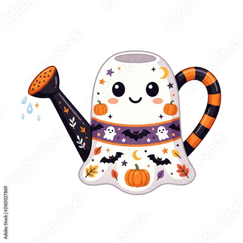 Cute ghost shaped watering can with Halloween pumpkin and bat patterns for autumn decor