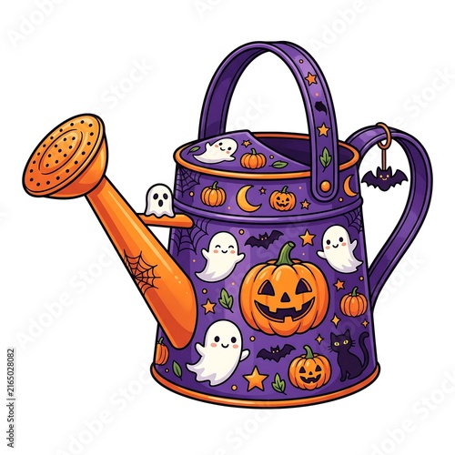 Halloween watering can with pumpkin and ghost pattern, festive autumn garden decor clipart.