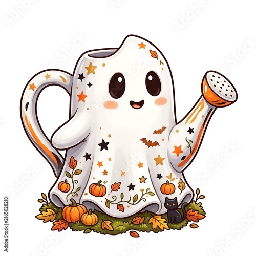 Cute cartoon ghost holding pumpkin ladle in autumn harvest festival scene with falling leaves