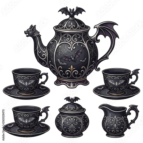 Gothic Halloween Tea Set with Bat Motifs and Ornate Black Porcelain Design