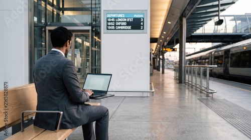 Businessman sitting on bench at train station platform working on laptop computer, waiting for departure to London or Oxford, representing modern commuting, remote work