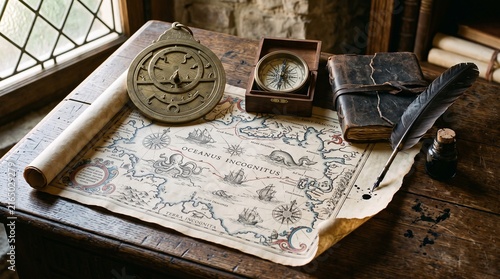 Foto Vintage Nautical Map with Brass Astrolabe, Compass, and Quill Pen on a Rustic Wo