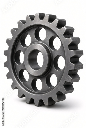 Single large industrial steel cogwheel gear isolated on pure white background, realistic machined metal texture, detailed teeth, slight three dimensional angle, professional studio lighting