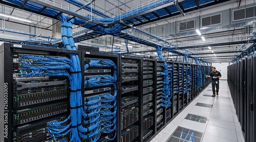Fotografie Modern Data Center with Organized Server Racks and Professional Blue Cable Manag