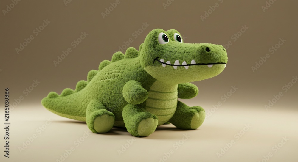 Fototapeta premium Adorable Green Crocodile Plush Toy: A charming, plush crocodile toy, crafted from soft green material, sits invitingly against a warm, neutral backdrop.