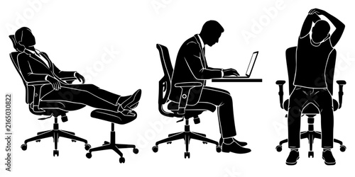Foto Black silhouettes of office workers seated in chairs showing relaxation, laptop work, and stretching