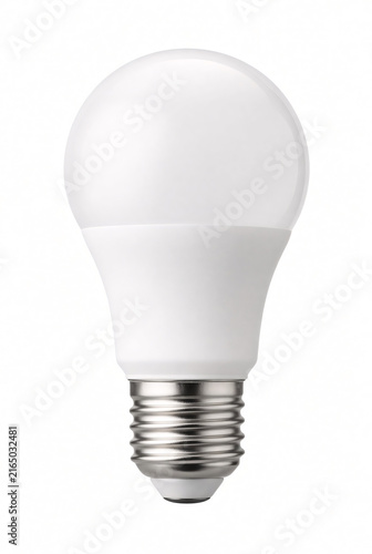 Single generic modern LED light bulb isolated on pure white background, frosted white globe and metallic screw base, turned off, realistic product photography, professional studio lighting, no brand