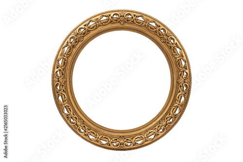 A circular golden frame with intricate relief carvings and classic scrollwork, isolated on a white background, for easy usage