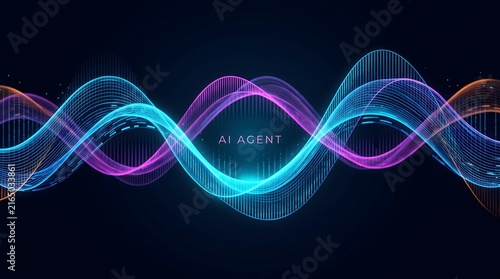 Glowing abstract digital sound waves with text ai agent. Concept of artificial intelligence voice recognition, and virtual customer support.