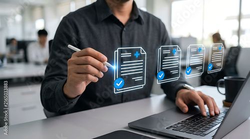 Man managing digital medical health insurance document approval online on laptop