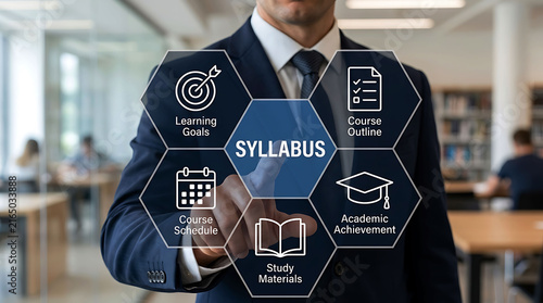 Businessman pointing at digital course syllabus infographic planning learning goals