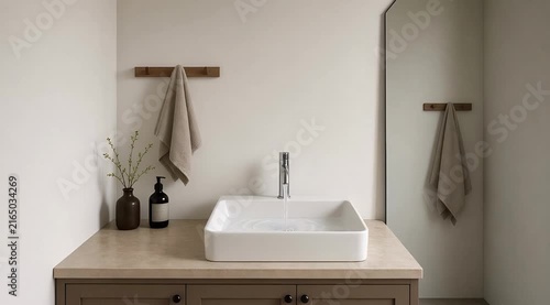 Minimalist Bathroom Sink Area Featuring White Basin Wooden Accents and Natural Decor Elements