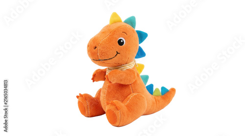 Cute Orange Dinosaur Plush Toy with Colorful Spikes and Scarf PNG Isolated on transparent background