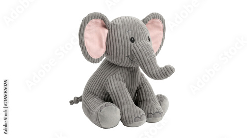 Cute gray corduroy elephant plush toy with pink ears sitting PNG Isolated on transparent background