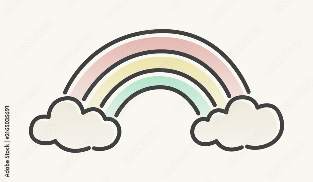 Fototapeta premium Rainbow with Fluffy Clouds Flat Vector Illustration. Soft pastel red, yellow, and green stripes. Perfect for children's decor, nursery prints, greeting cards, and playful design projects.