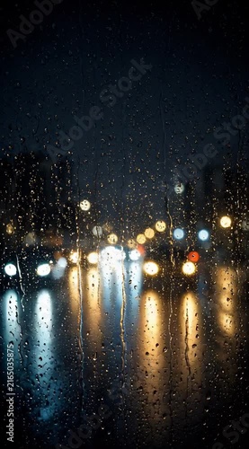 Nighttime Street View Through a Rain-Soaked Window Highlighting Colorful City Lights