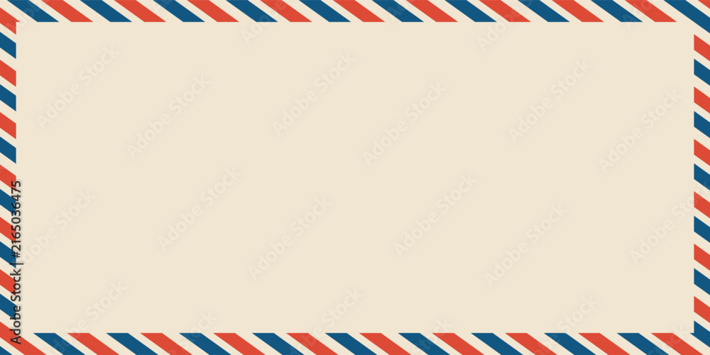 Fototapeta premium Airmail envelope frame. Commercial envelope. International vintage letter border. Retro air mail postcard with blue and red stripes. Blank correspondence paper template.eps,10
