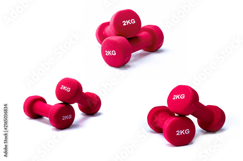 Cuadro en lienzo Set of red dumbbells isolated on white background