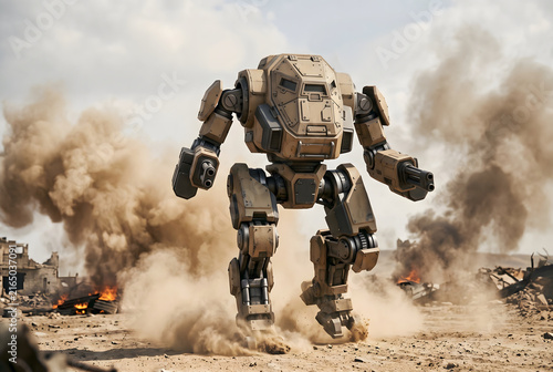 Armored combat mech robot walking through futuristic battlefield