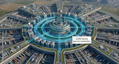 Futuristic city network with glowing digital connections and central governance hub