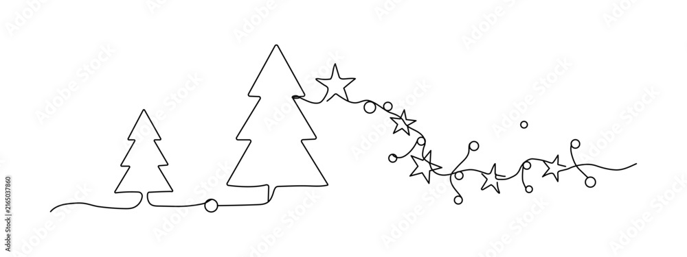Obraz premium Continuous line drawing of two christmas trees and festive garland with stars and ornaments