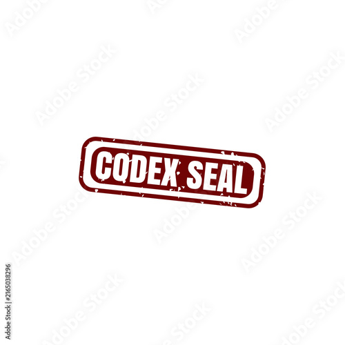 Konstfotografi A rectangular rubber stamp with the words codex seal written in bold white capit